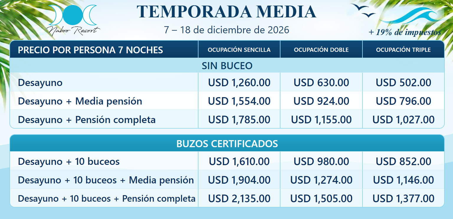 Naboo Resort paquete de 7 noches: precios por persona sin buceo y para buzos certificados