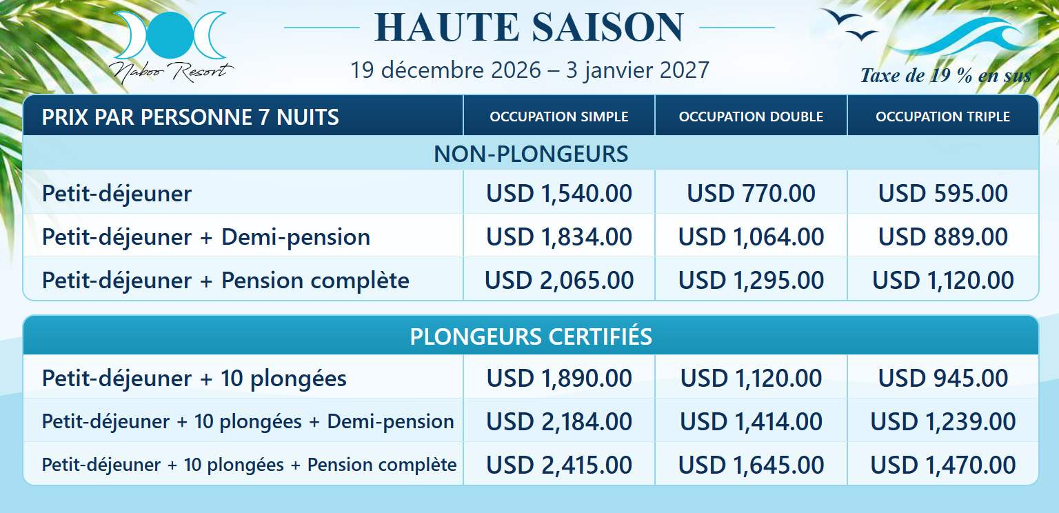 Naboo Resort forfait 7 nuits : prix par personne pour non-plongeurs et plongeurs certifiés