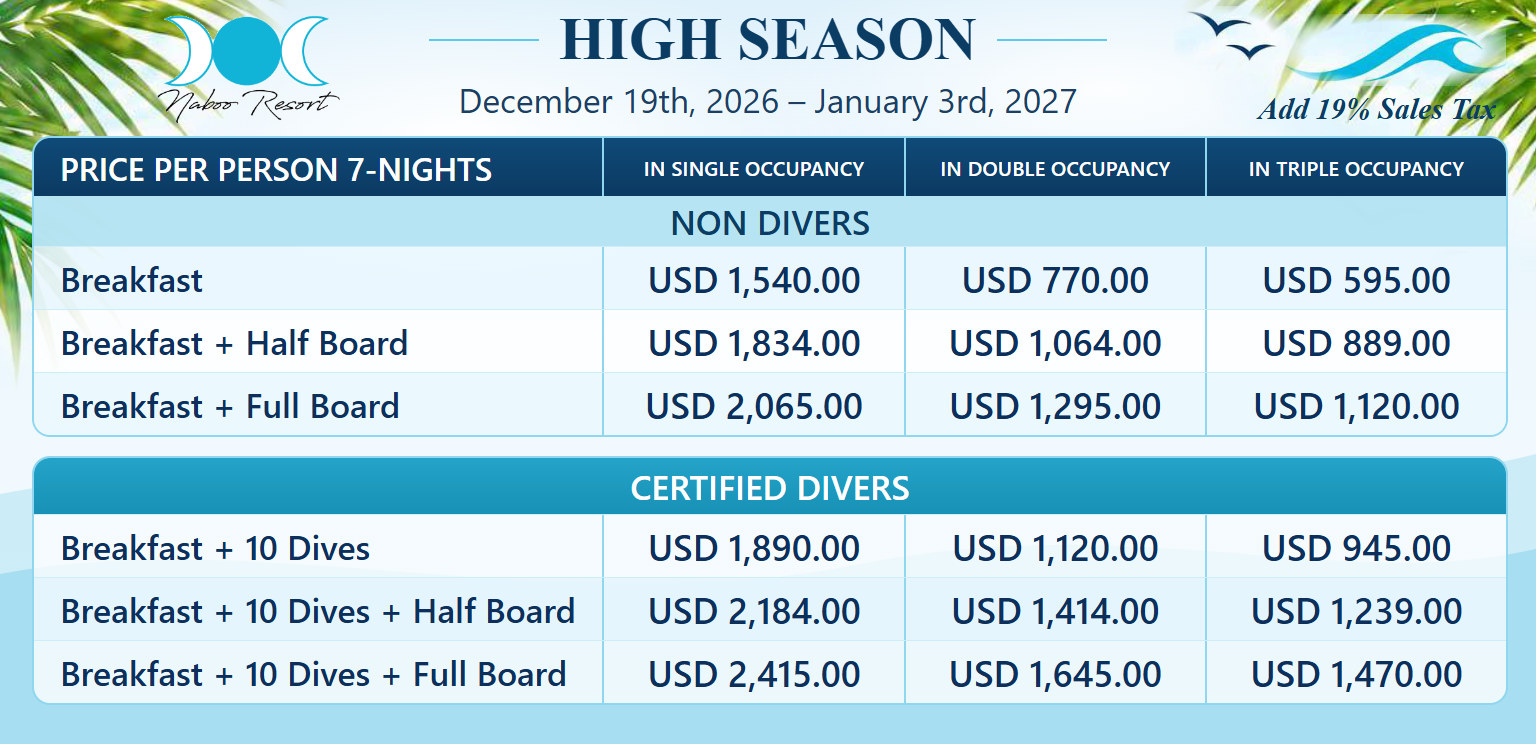 Naboo Resort 7-night package high 2026 12 19: prices per person for non divers and certified divers