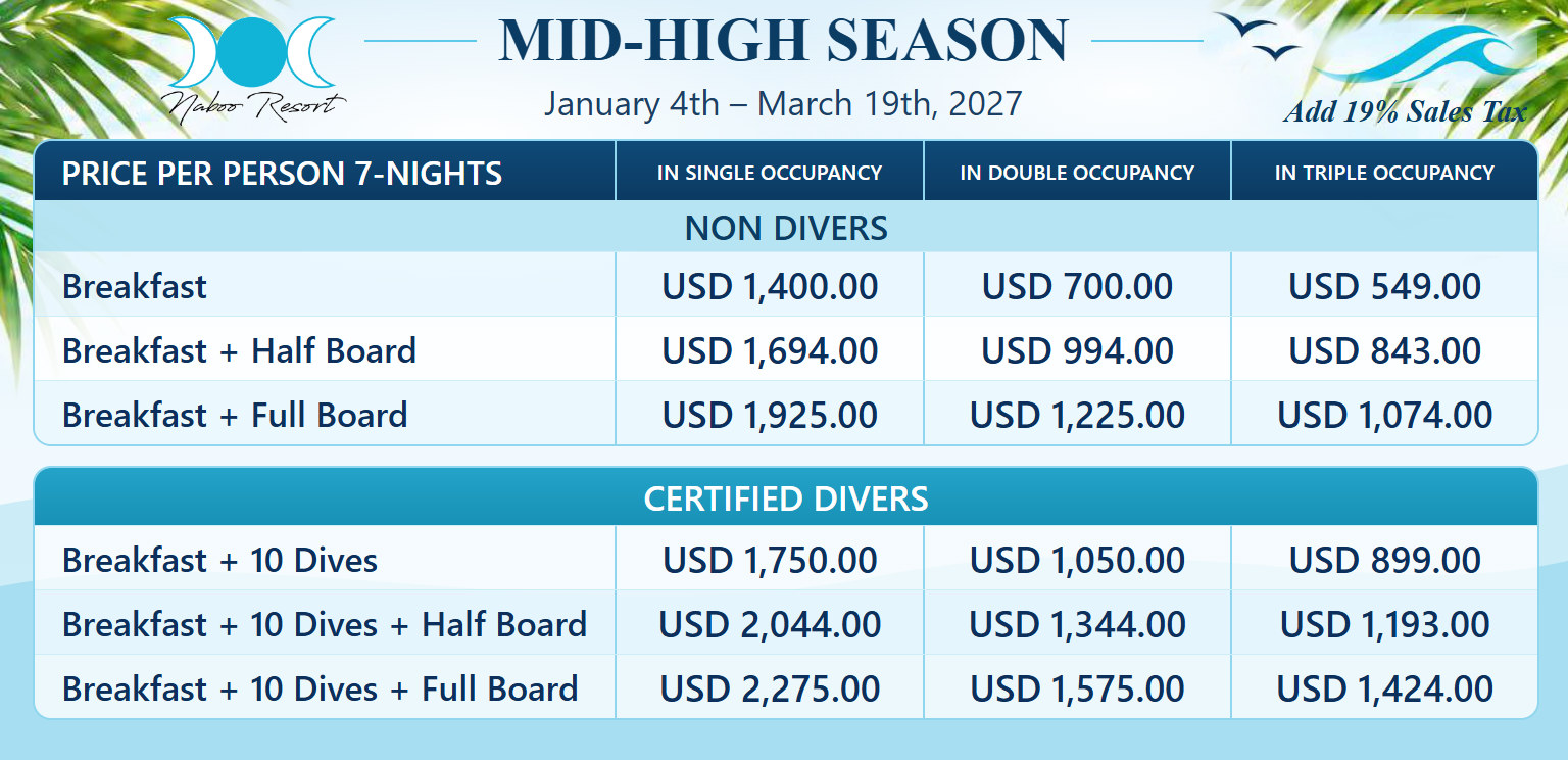 Naboo Resort 7-night package mid high 2027 01 04: prices per person for non divers and certified divers
