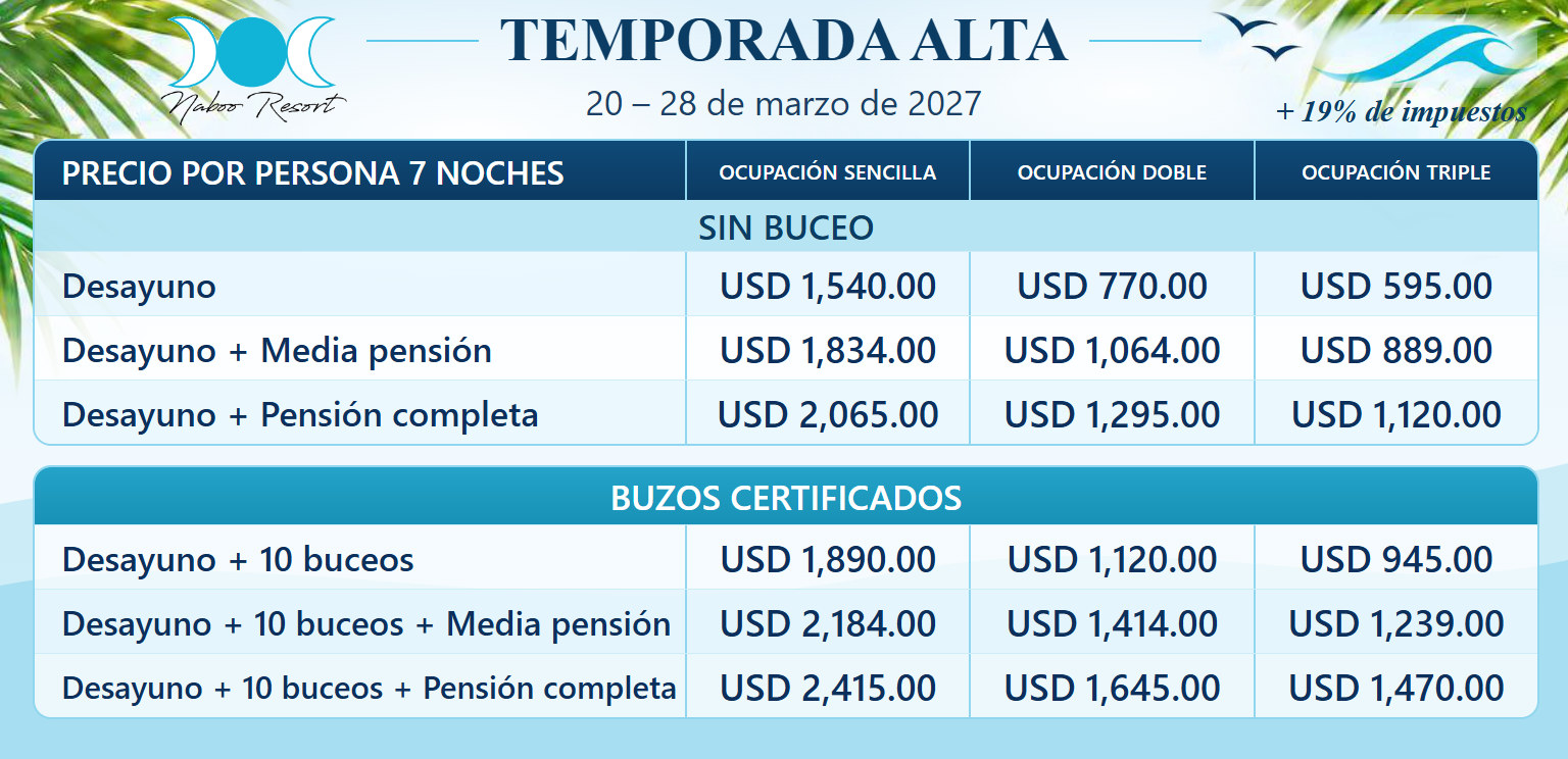 Naboo Resort paquete de 7 noches: precios por persona sin buceo y para buzos certificados