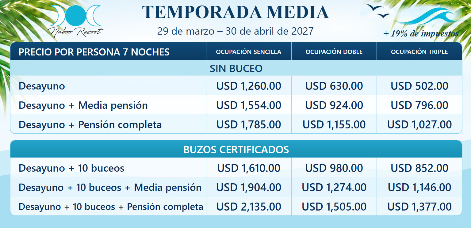 Naboo Resort paquete de 7 noches: precios por persona sin buceo y para buzos certificados