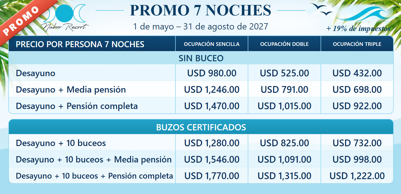 Naboo Resort paquete de 7 noches: precios por persona sin buceo y para buzos certificados