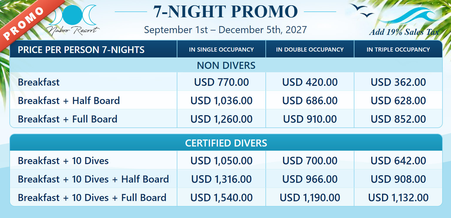 Naboo Resort 7-night package promo 2027 09 01: prices per person for non divers and certified divers